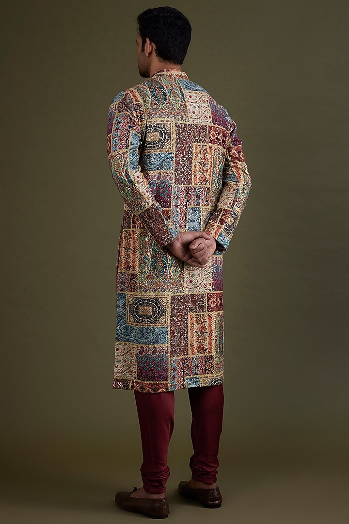 Multi-Colored Georgette Printed & Embroidered Kurta Set by KSHITIJ CHOUDHARY MEN at Pernia's Pop Up Shop