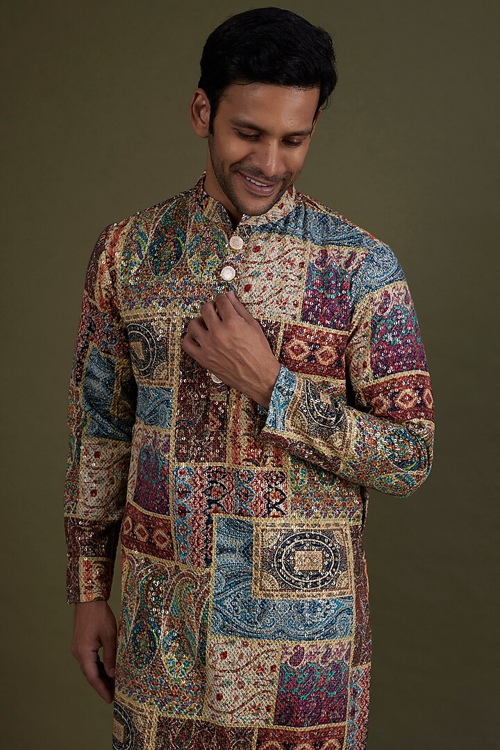 Multi-Colored Georgette Printed & Embroidered Kurta Set by KSHITIJ CHOUDHARY MEN at Pernia's Pop Up Shop