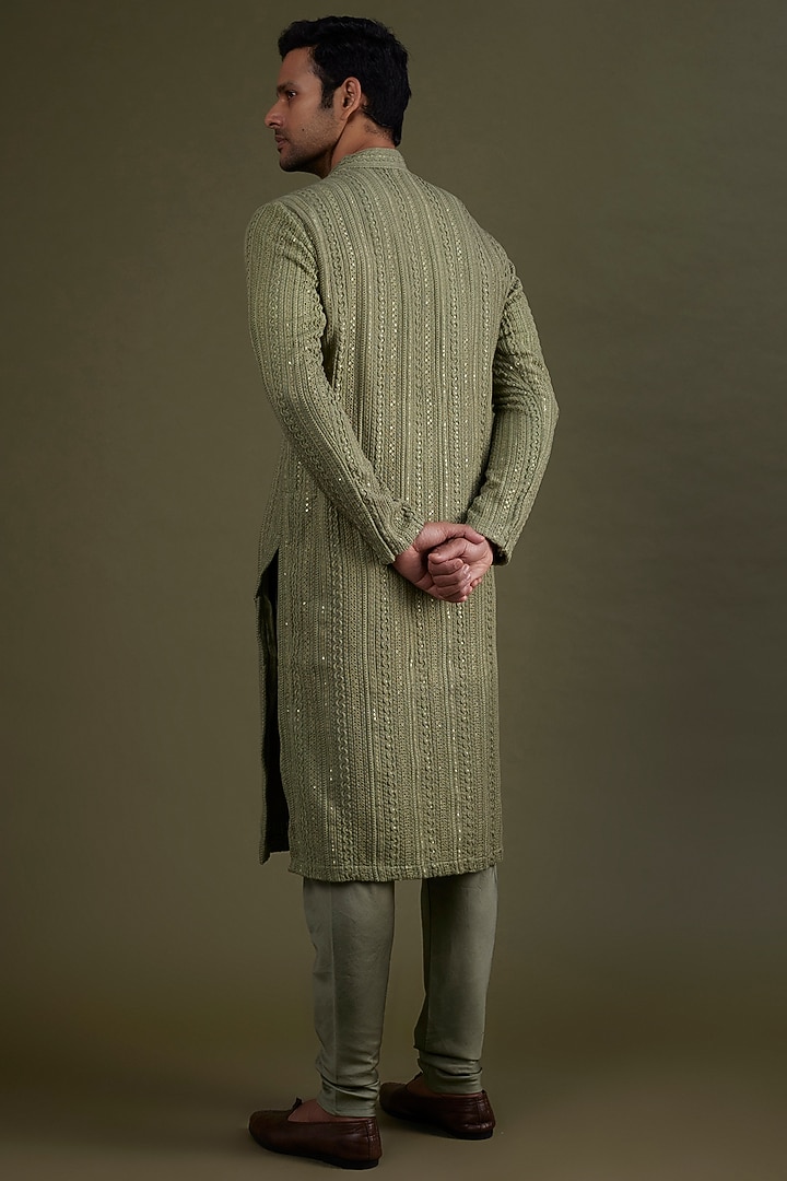 Olive Green Silk Thread Embroidered Kurta Set by KSHITIJ CHOUDHARY MEN at Pernia's Pop Up Shop