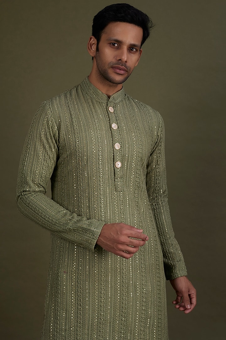 Olive Green Silk Thread Embroidered Kurta Set by KSHITIJ CHOUDHARY MEN at Pernia's Pop Up Shop