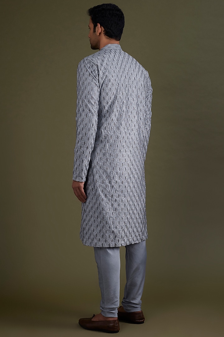 Grey Cotton Satin Embroidered Kurta Set by KSHITIJ CHOUDHARY MEN at Pernia's Pop Up Shop