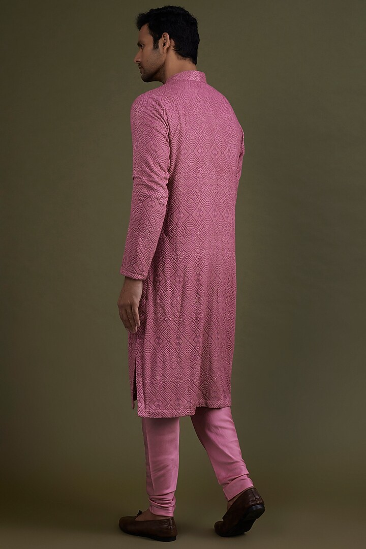 Carrot Pink Georgette Kurta Set by KSHITIJ CHOUDHARY MEN at Pernia's Pop Up Shop