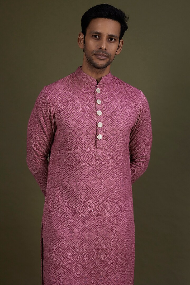 Carrot Pink Georgette Kurta Set by KSHITIJ CHOUDHARY MEN at Pernia's Pop Up Shop