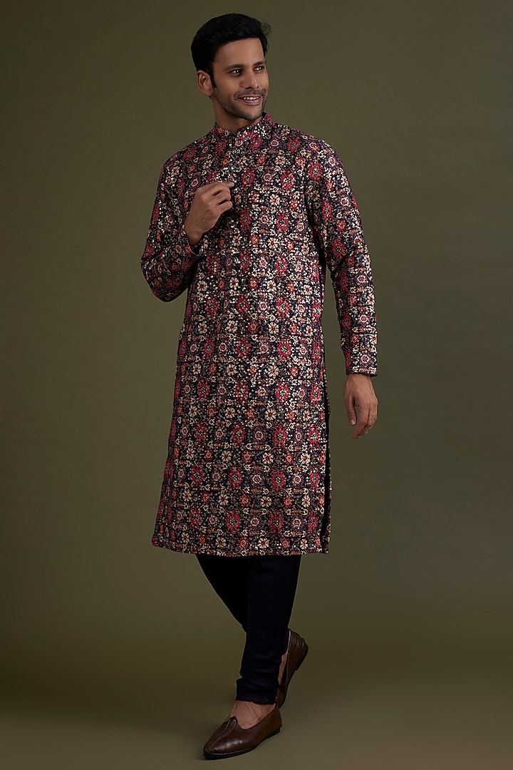 Multi-Colored Kurta Set With Print & Embroidery by KSHITIJ CHOUDHARY MEN