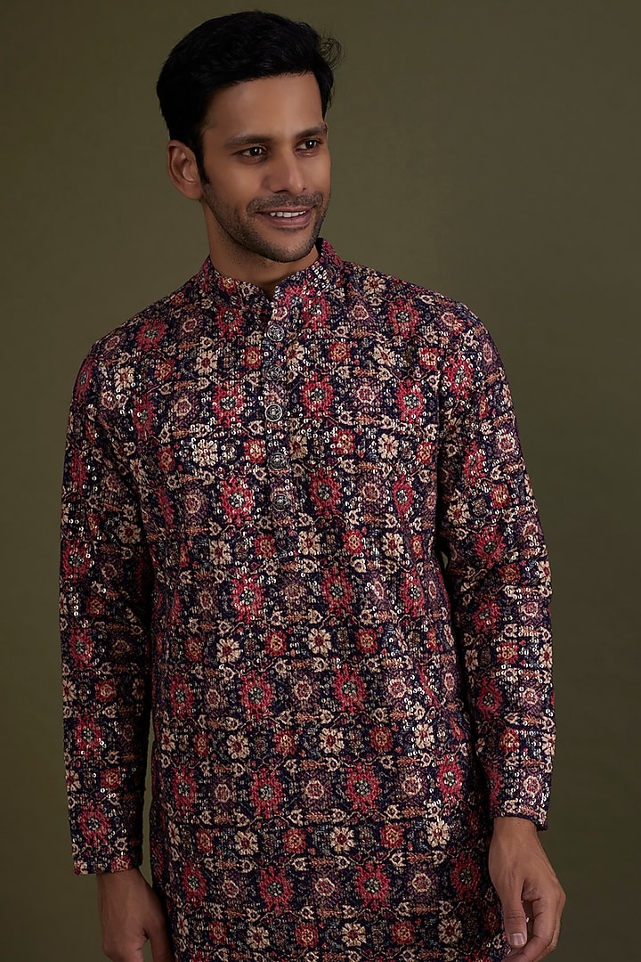 Multi-Colored Georgette Printed & Embroidered Kurta Set by KSHITIJ CHOUDHARY MEN at Pernia's Pop Up Shop