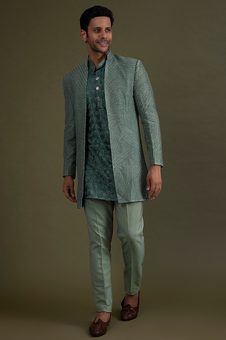 Jade Green Embroidered Indowestern Jacket Set by KSHITIJ CHOUDHARY MEN