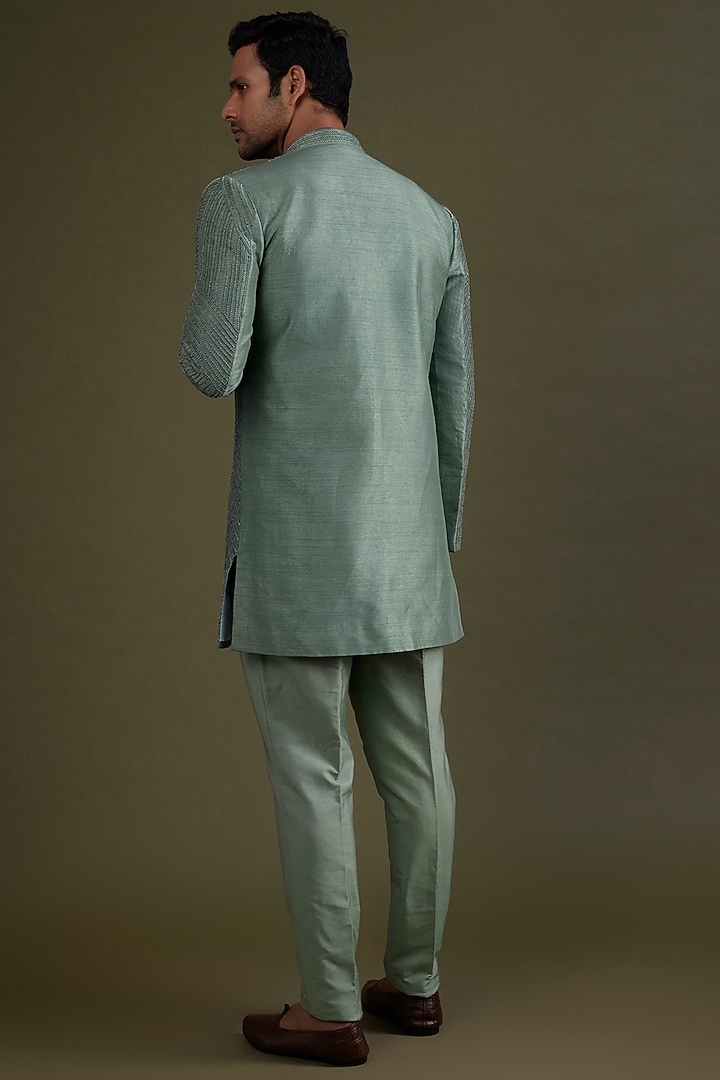 Jade Green Embroidered Wedding Indowestern Jacket Set by KSHITIJ CHOUDHARY MEN at Pernia's Pop Up Shop
