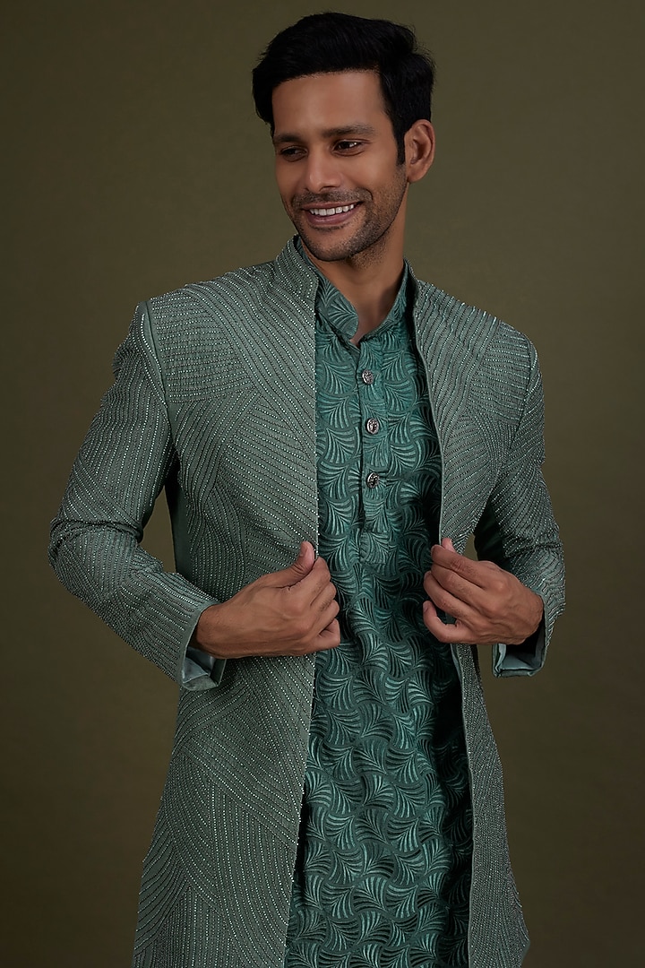Jade Green Embroidered Wedding Indowestern Jacket Set by KSHITIJ CHOUDHARY MEN at Pernia's Pop Up Shop