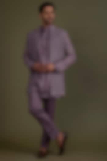 Smoked Lavender Embroidered Indowestern Jacket Set by KSHITIJ CHOUDHARY MEN