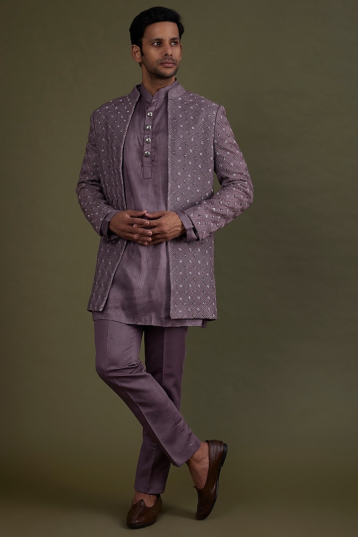 Smoked Lavender Embroidered Jacket Set by KSHITIJ CHOUDHARY