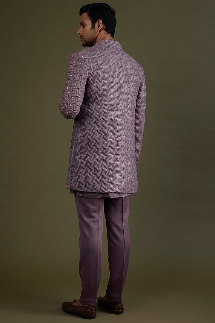 Smoked Lavender Embroidered Wedding Indowestern Jacket Set by KSHITIJ CHOUDHARY MEN at Pernia's Pop Up Shop