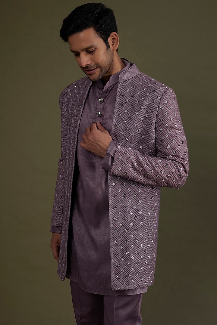 Smoked Lavender Embroidered Wedding Indowestern Jacket Set by KSHITIJ CHOUDHARY MEN at Pernia's Pop Up Shop