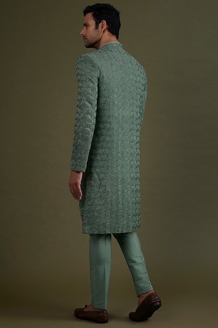 Jade Green Embroidered Wedding Indowestern Set by KSHITIJ CHOUDHARY MEN at Pernia's Pop Up Shop