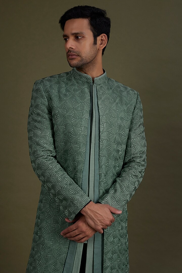 Jade Green Embroidered Wedding Indowestern Set by KSHITIJ CHOUDHARY MEN at Pernia's Pop Up Shop