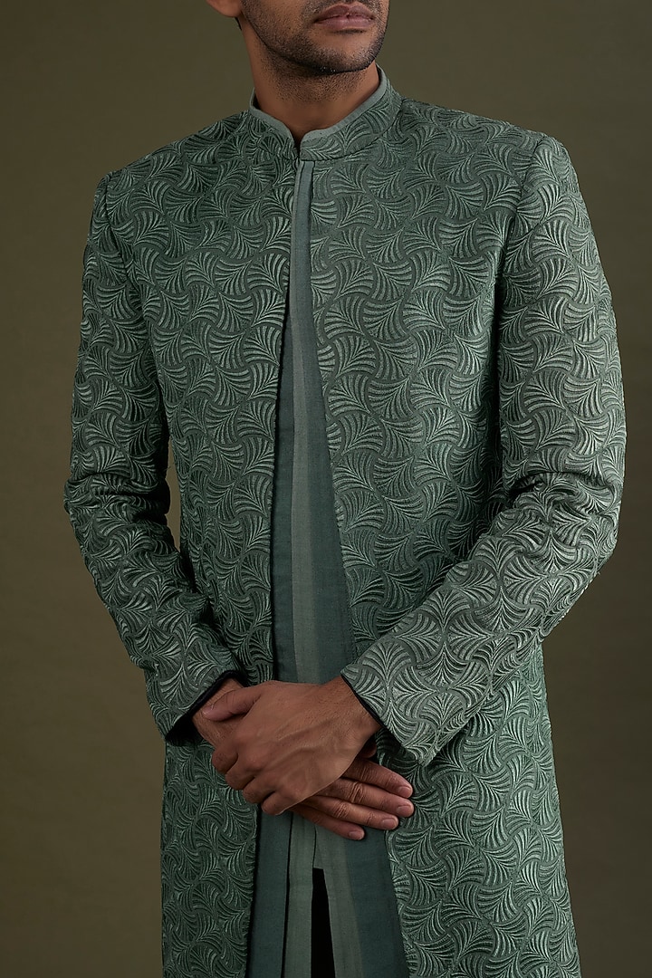 Jade Green Embroidered Wedding Indowestern Set by KSHITIJ CHOUDHARY MEN at Pernia's Pop Up Shop
