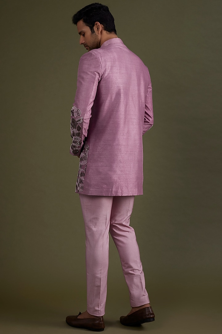 Plum Silk Hand Embroidered Indowestern Wedding Sherwani Set by KSHITIJ CHOUDHARY MEN at Pernia's Pop Up Shop