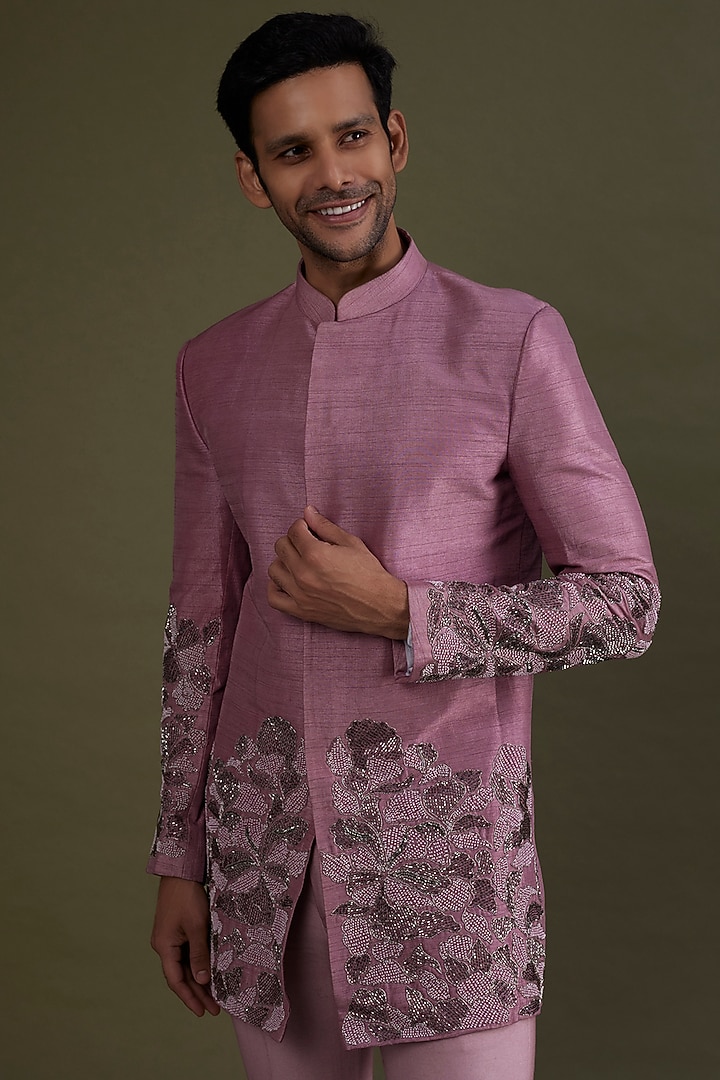 Plum Silk Hand Embroidered Indowestern Wedding Sherwani Set by KSHITIJ CHOUDHARY MEN at Pernia's Pop Up Shop