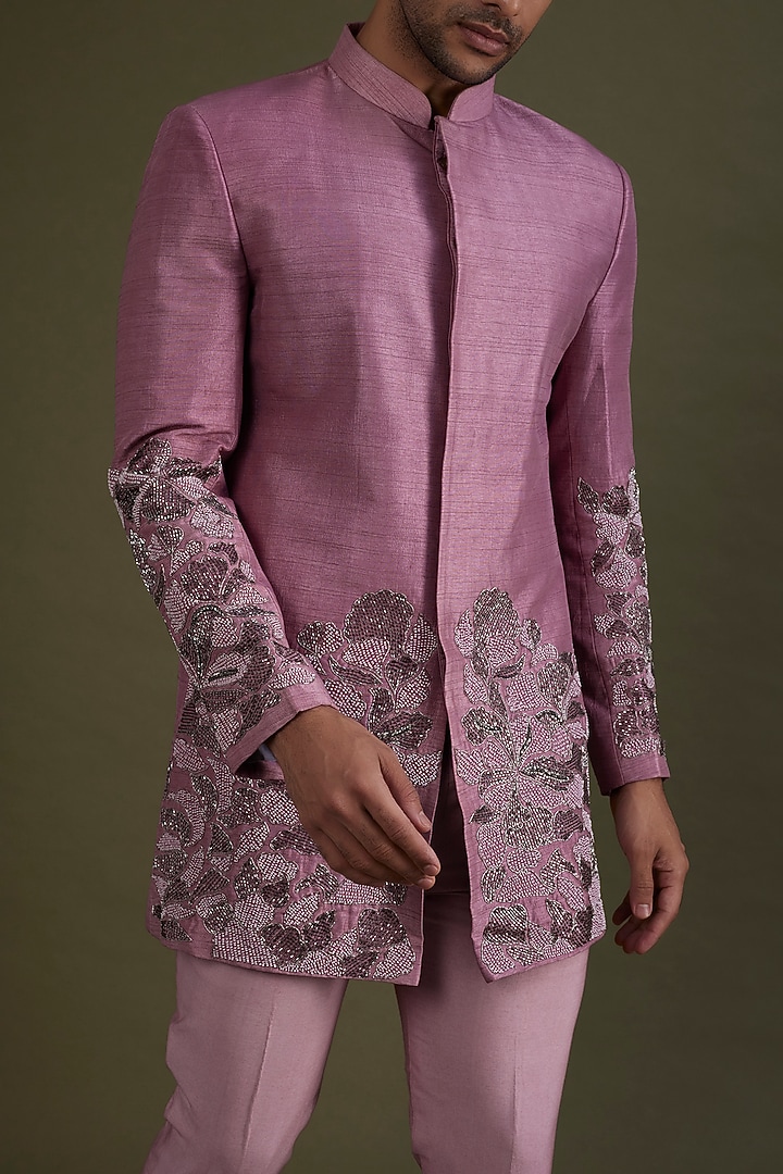 Plum Silk Hand Embroidered Indowestern Wedding Sherwani Set by KSHITIJ CHOUDHARY MEN at Pernia's Pop Up Shop