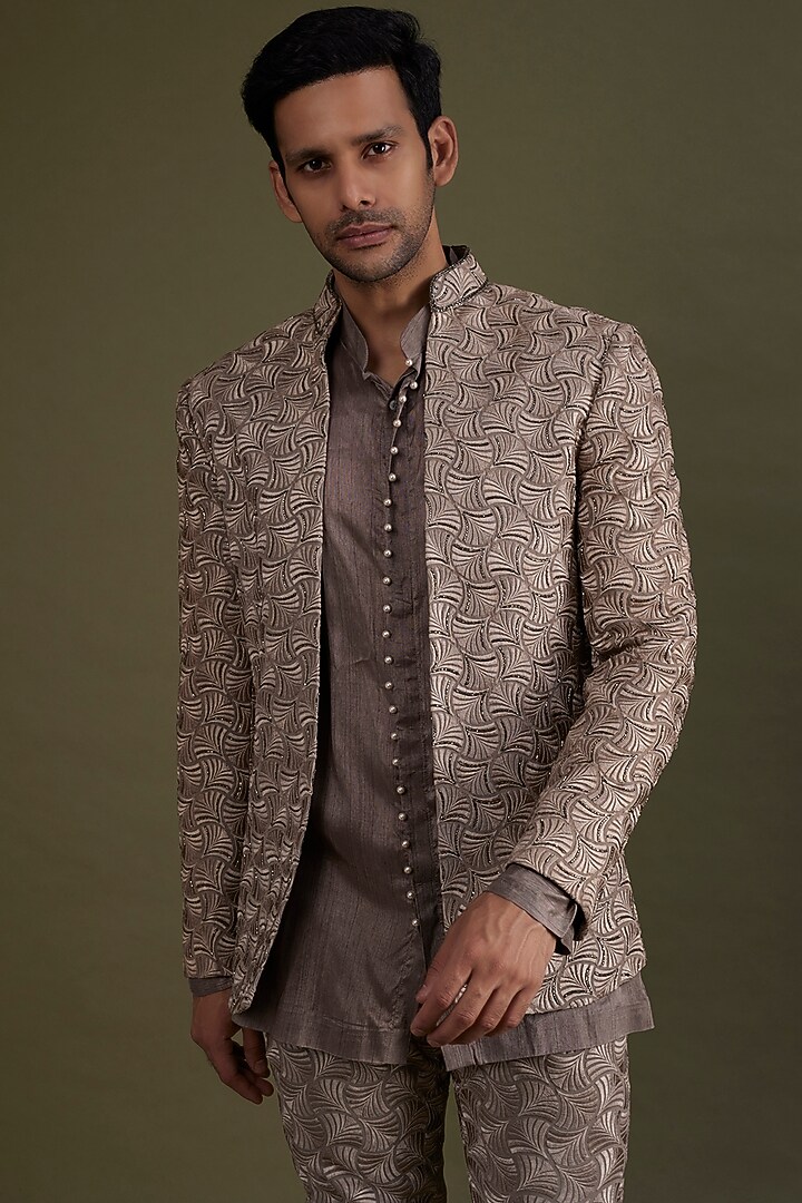 Hazelnut Embroidered Wedding Indowestern Jacket Set by KSHITIJ CHOUDHARY MEN at Pernia's Pop Up Shop