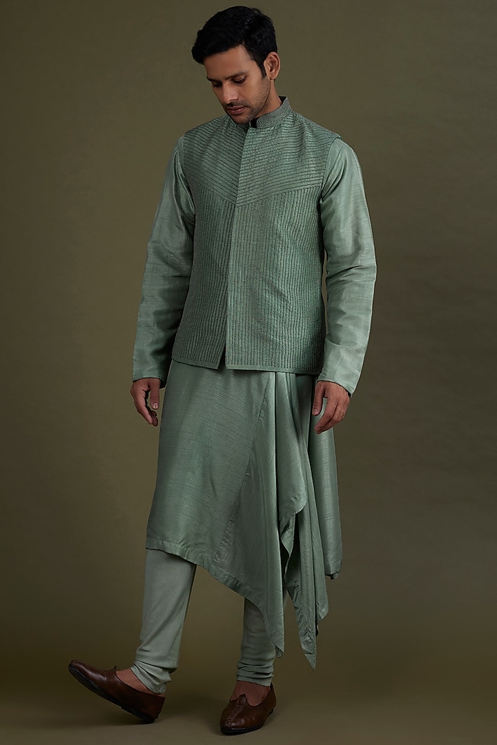 Jade Green Embroidered Bundi Jacket With Kurta Set by KSHITIJ CHOUDHARY MEN