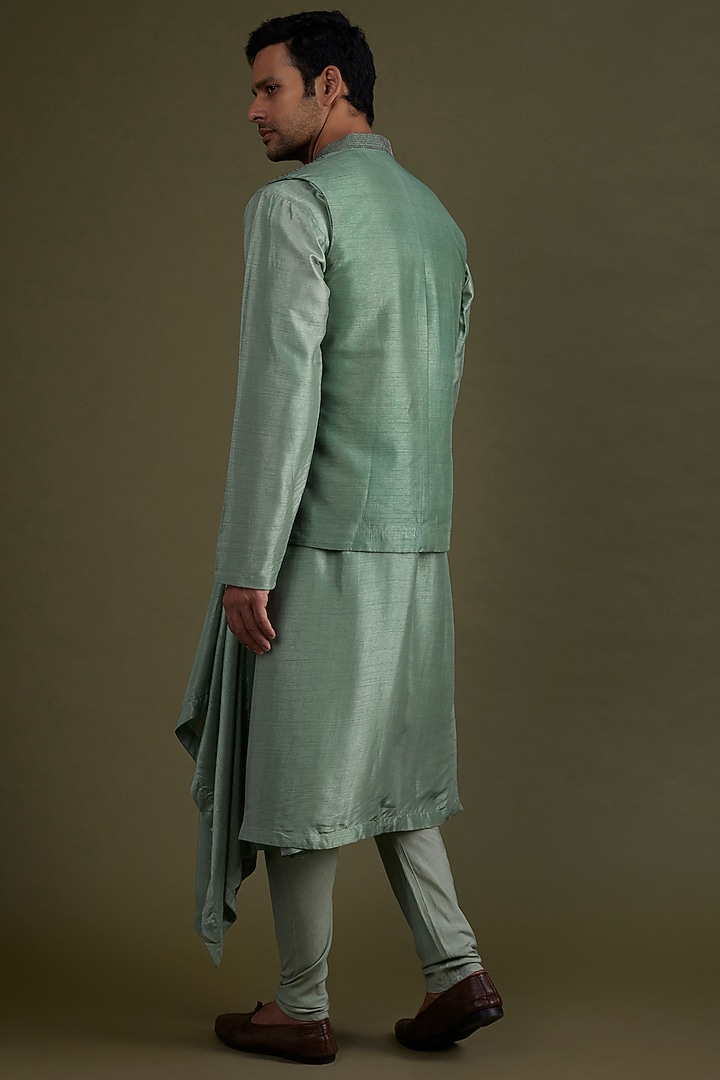 Jade Green Silk Bead Embroidered Bundi Jacket Set by KSHITIJ CHOUDHARY MEN at Pernia's Pop Up Shop