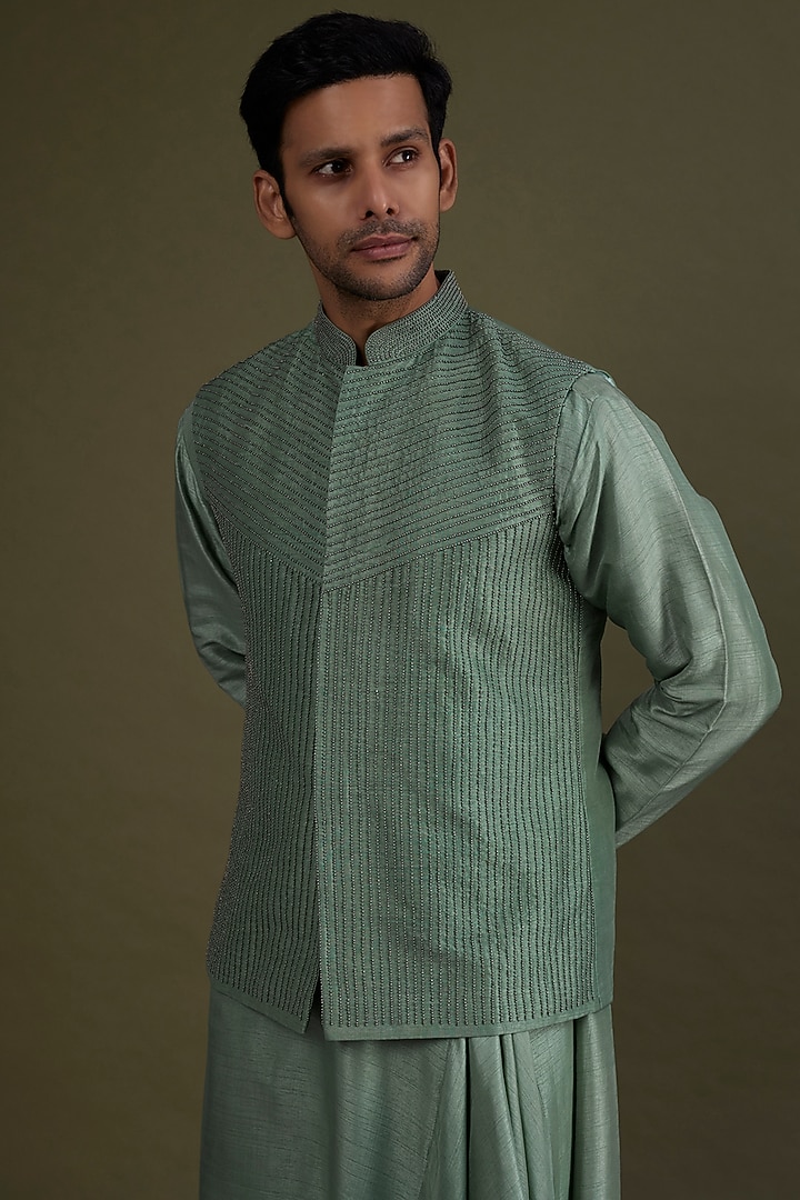 Jade Green Silk Bead Embroidered Bundi Jacket Set by KSHITIJ CHOUDHARY MEN at Pernia's Pop Up Shop