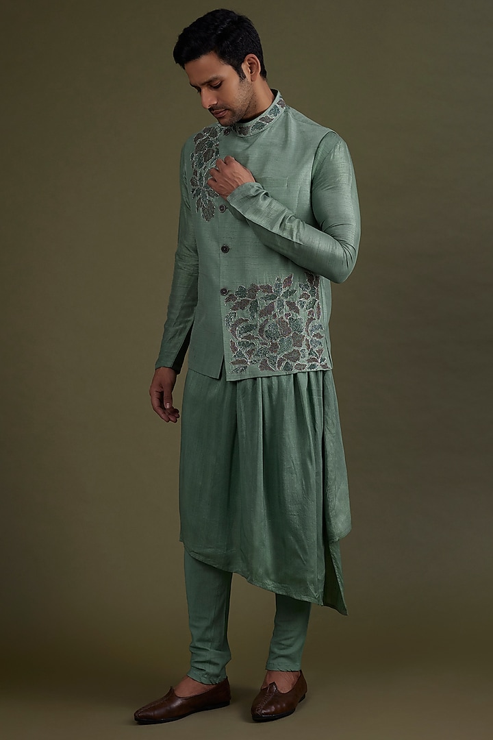 Jade Green Bead Embroidered Bundi Jacket With Kurta Set by KSHITIJ CHOUDHARY MEN