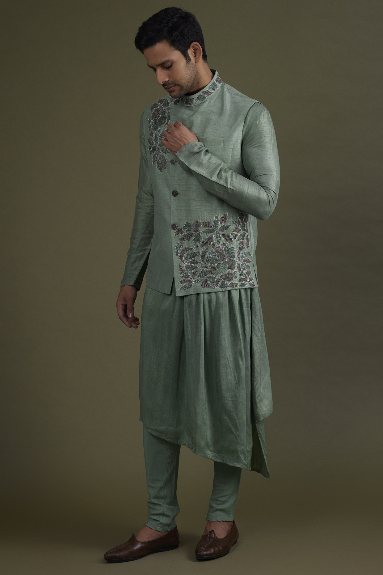 Jade Green Bead Embroidered Bundi Jacket With Kurta Set by KSHITIJ CHOUDHARY MEN