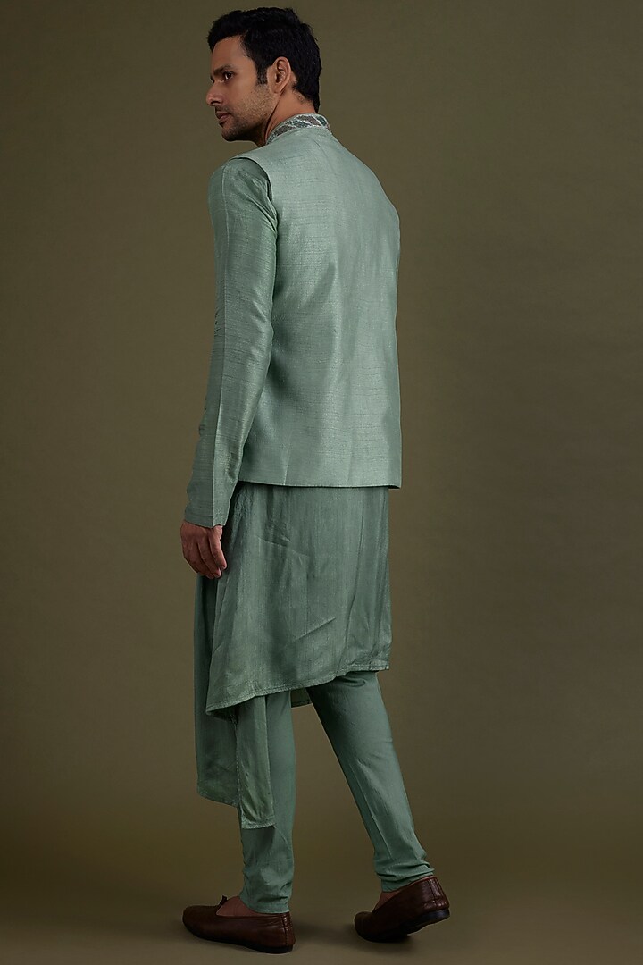 Jade Green Silk Bead Embroidered Bundi Jacket Set by KSHITIJ CHOUDHARY MEN at Pernia's Pop Up Shop