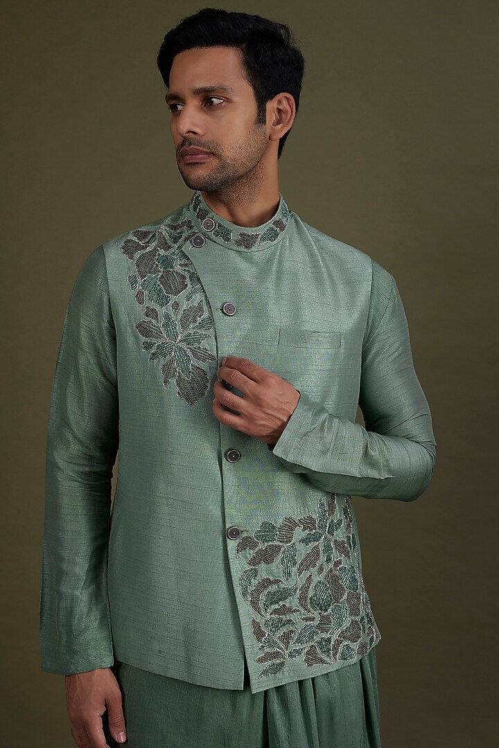 Jade Green Silk Bead Embroidered Bundi Jacket Set by KSHITIJ CHOUDHARY MEN at Pernia's Pop Up Shop