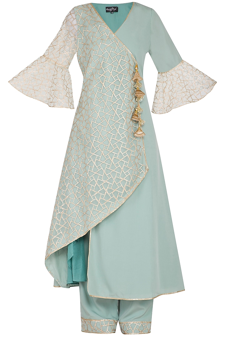 Powder Blue Embroidered Asymmetrical Kurta Set by Kanika J Singh