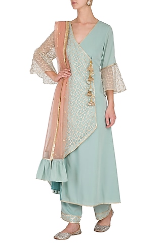 Powder Blue Embroidered Asymmetrical Kurta Set by Kanika J Singh