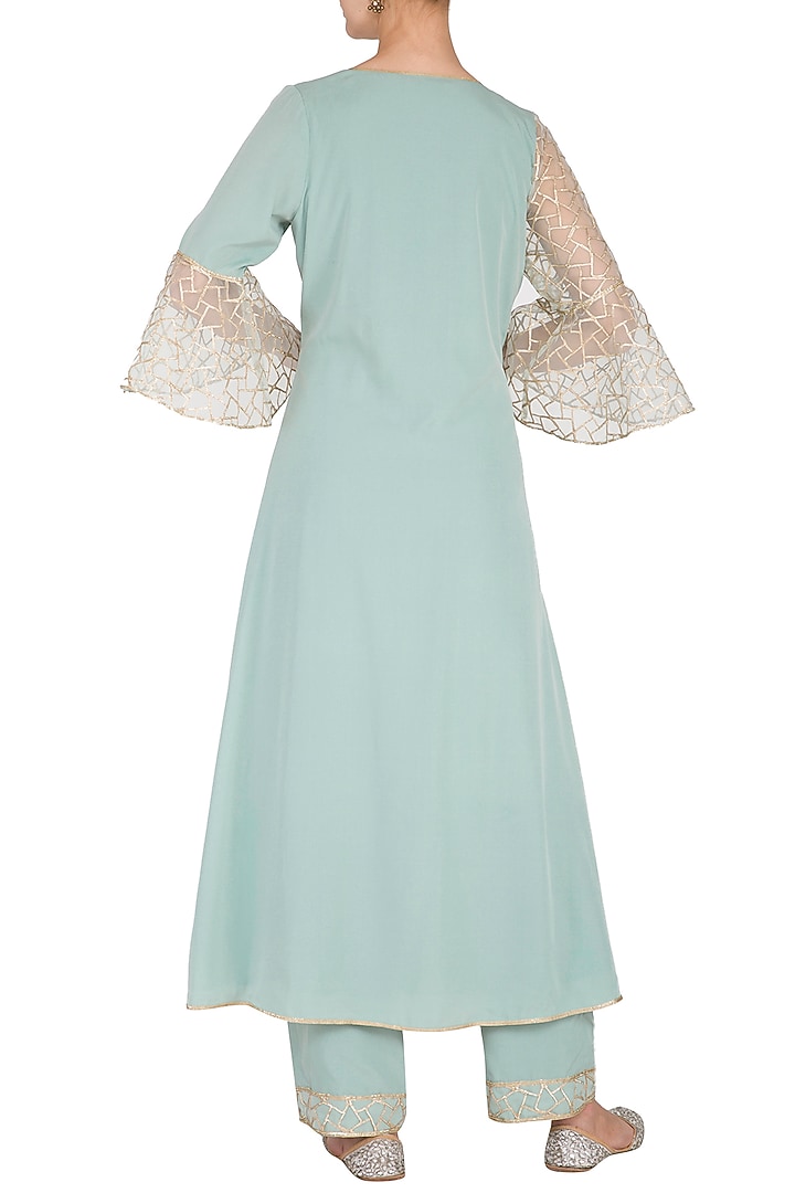 Powder Blue Embroidered Asymmetrical Kurta Set by Kanika J Singh at Pernia's Pop Up Shop