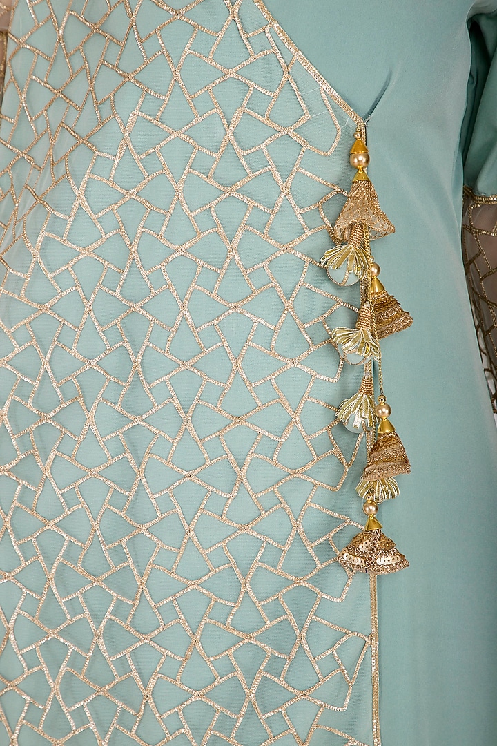 Powder Blue Embroidered Asymmetrical Kurta Set by Kanika J Singh at Pernia's Pop Up Shop