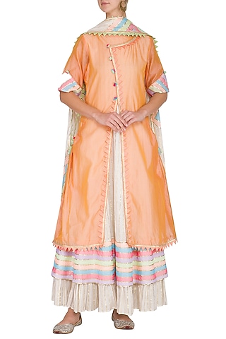 Peach Embellished Layered Kurta With Dupatta by Kanika J Singh