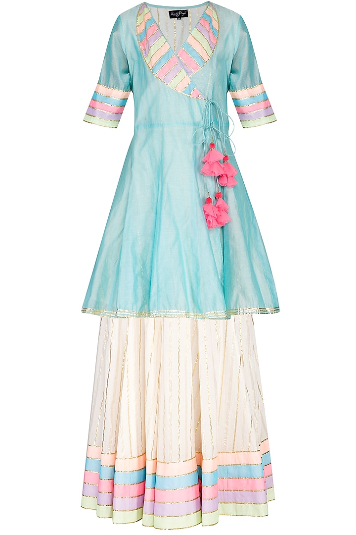 Ice Blue Embellished Angrakha Kurta With Skirt & Dupatta by Kanika J Singh