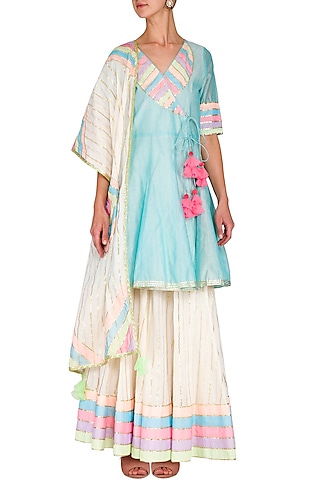 Ice Blue Embellished Angrakha Kurta With Skirt & Dupatta by Kanika J Singh