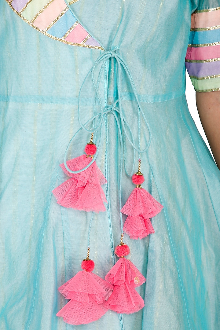 Ice Blue Embellished Angrakha Kurta With Skirt & Dupatta by Kanika J Singh at Pernia's Pop Up Shop