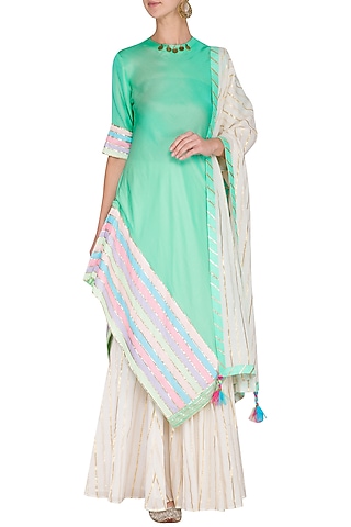 Mint Embellished Kurta With Skirt & Dupatta by Kanika J Singh