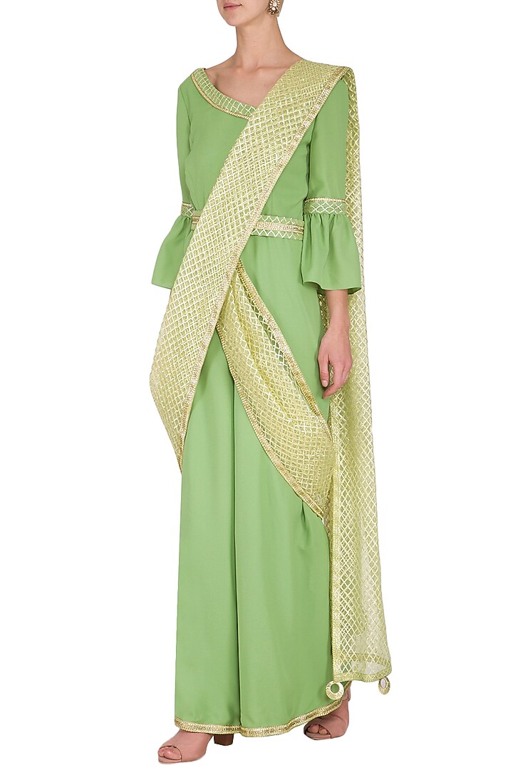 Green Saree Style Gota Jumpsuit by Kanika J Singh at Pernia's Pop Up Shop