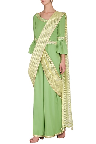 Green Saree Style Gota Jumpsuit by Kanika J Singh