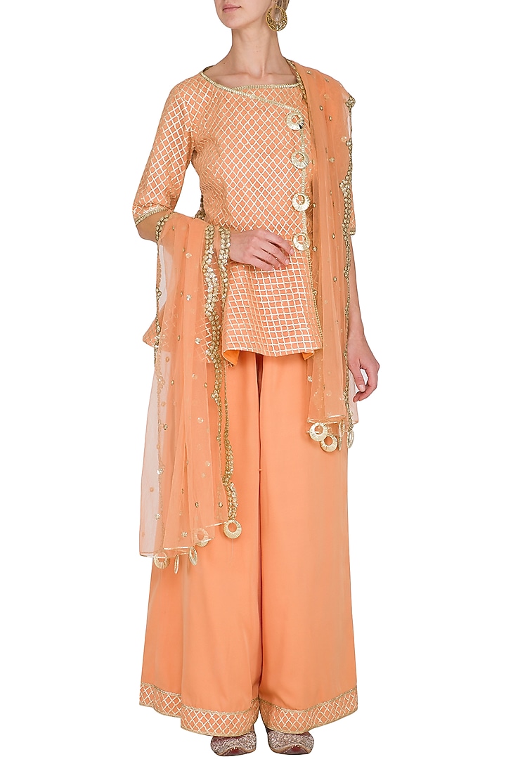 Peach Embellished Peplum Kurta Set by Kanika J Singh at Pernia's Pop Up Shop