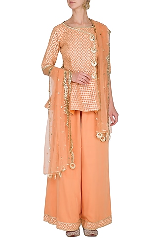 Peach Embellished Peplum Kurta Set by Kanika J Singh