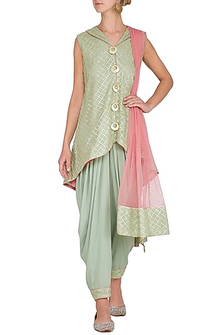 Dull Green Embellished Dhoti Kurta Set by Kanika J Singh