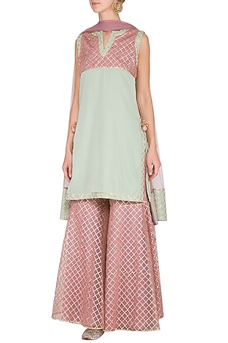 Dull Green Embellished Sharara Set by Kanika J Singh