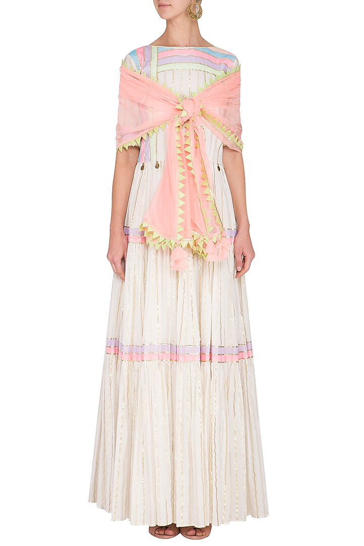 Off White Embellished Tiered Kurta With Dupatta by Kanika J Singh at Pernia's Pop Up Shop