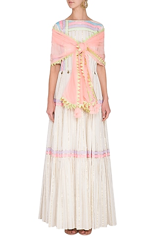 Off White Embellished Tiered Kurta With Dupatta by Kanika J Singh
