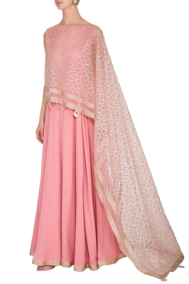 Pink Embellished Party Wear Anarkali With Attached Cape by Kanika J Singh at Pernia's Pop Up Shop
