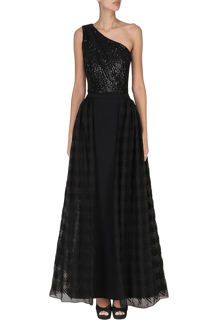 Black one shoulder sequin embroidered gown available only at Pernia's Pop Up Shop.