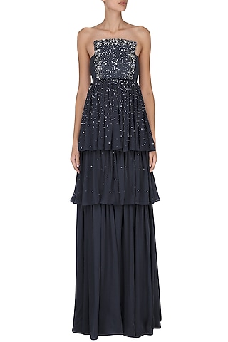 Navy Blue Sprinkle Embroidered Tiered Gown by Kanika J Singh